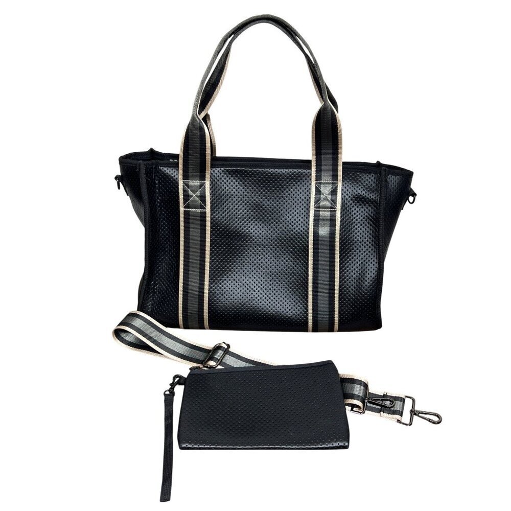 HAUTE SHORE Isla Neoprene Tote Black w/Crossbody Strap & Clutch NWOT
